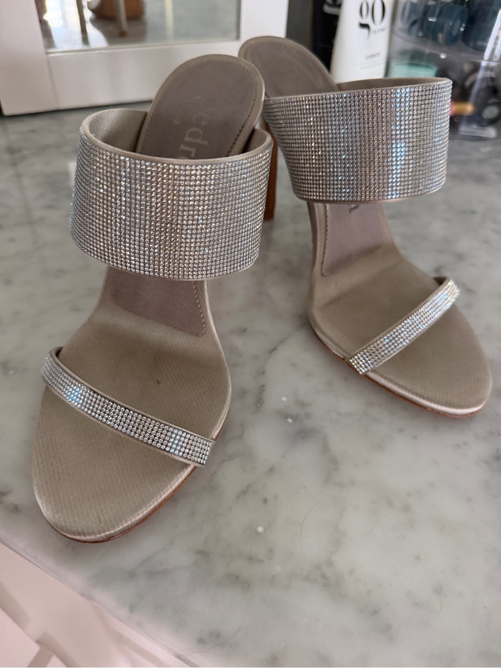Pedro Garcia 6 1/2 Embellished Crystal Strap Women’s Heeled Sandals in silver